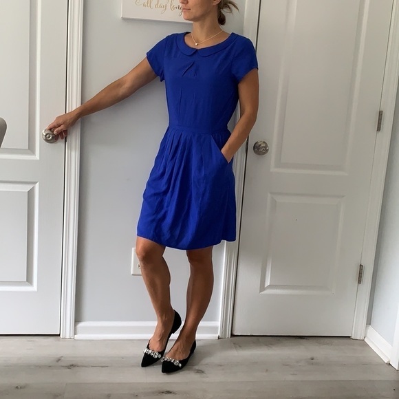 J Crew‎ Royal Blue Peter Pan Collar Dress pockets midi career or casual size 0 - Picture 6 of 10